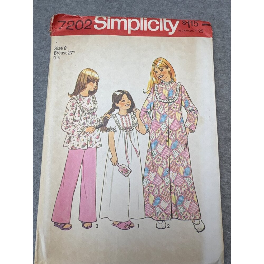 Simplicity 7202 Vintage Sewing Pattern Size 10 Girl Nightgown Pajamas Uncut 1975